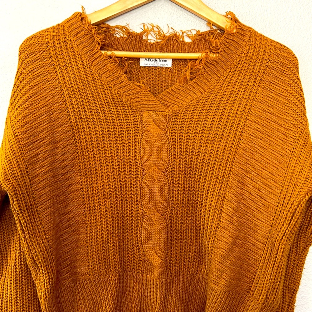 Distressed Cable V-Neck Sweater - Rust - Picture 3 of 8